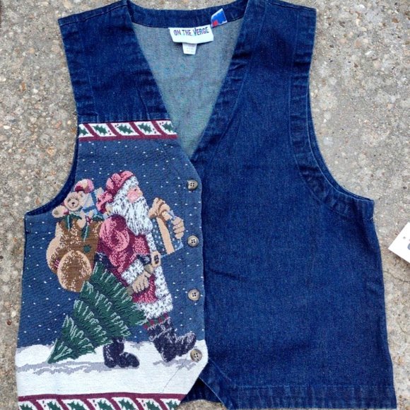 Vintage On The Verge Santa Denim Vest Christmas Tapestry Made in USA Women’s M - Picture 2 of 6
